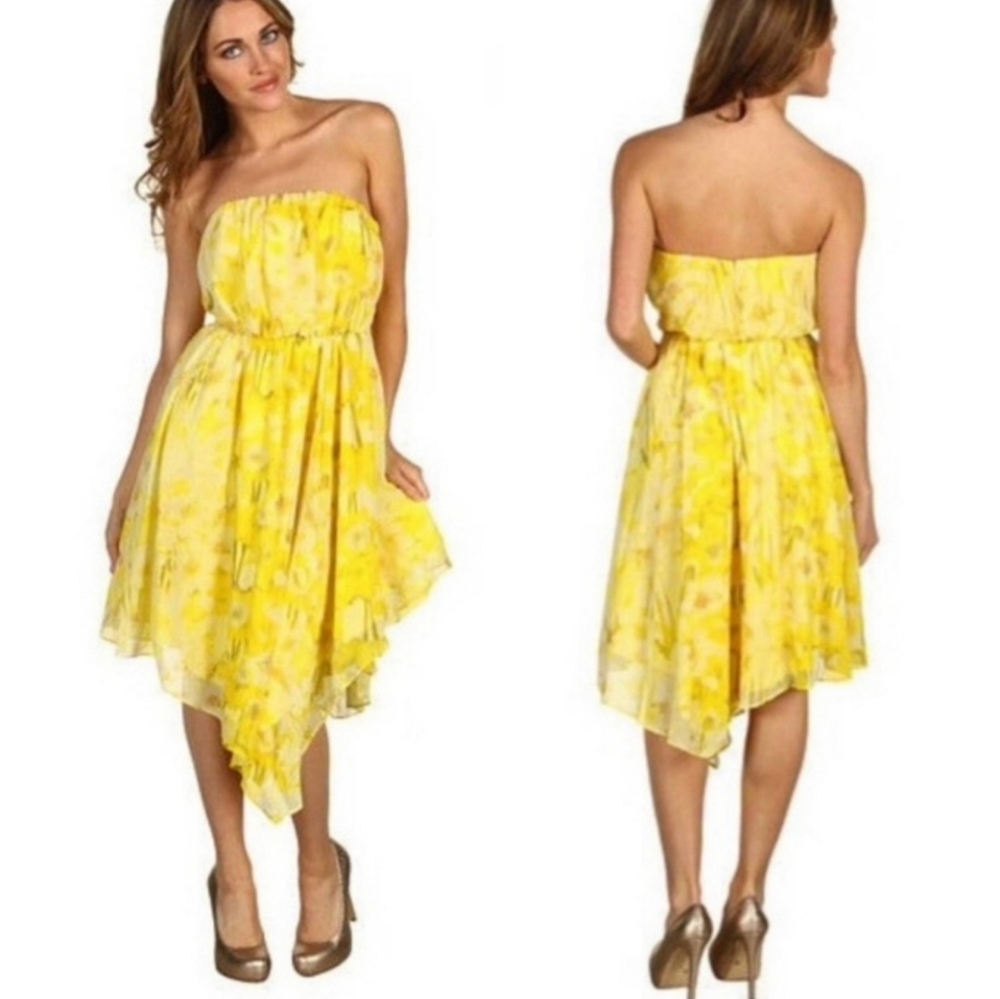 Yellow Floral Asymmetrical Cocktail Dress